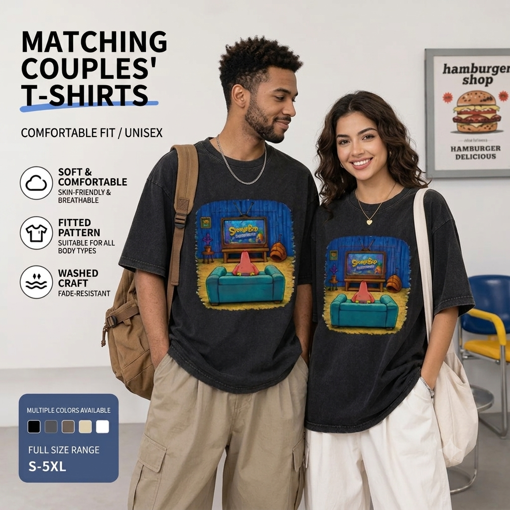 "Matching Couples SpongeBob SquarePants Oversized Graphic T-Shirt – Unisex Washed Black Tee S-5XL