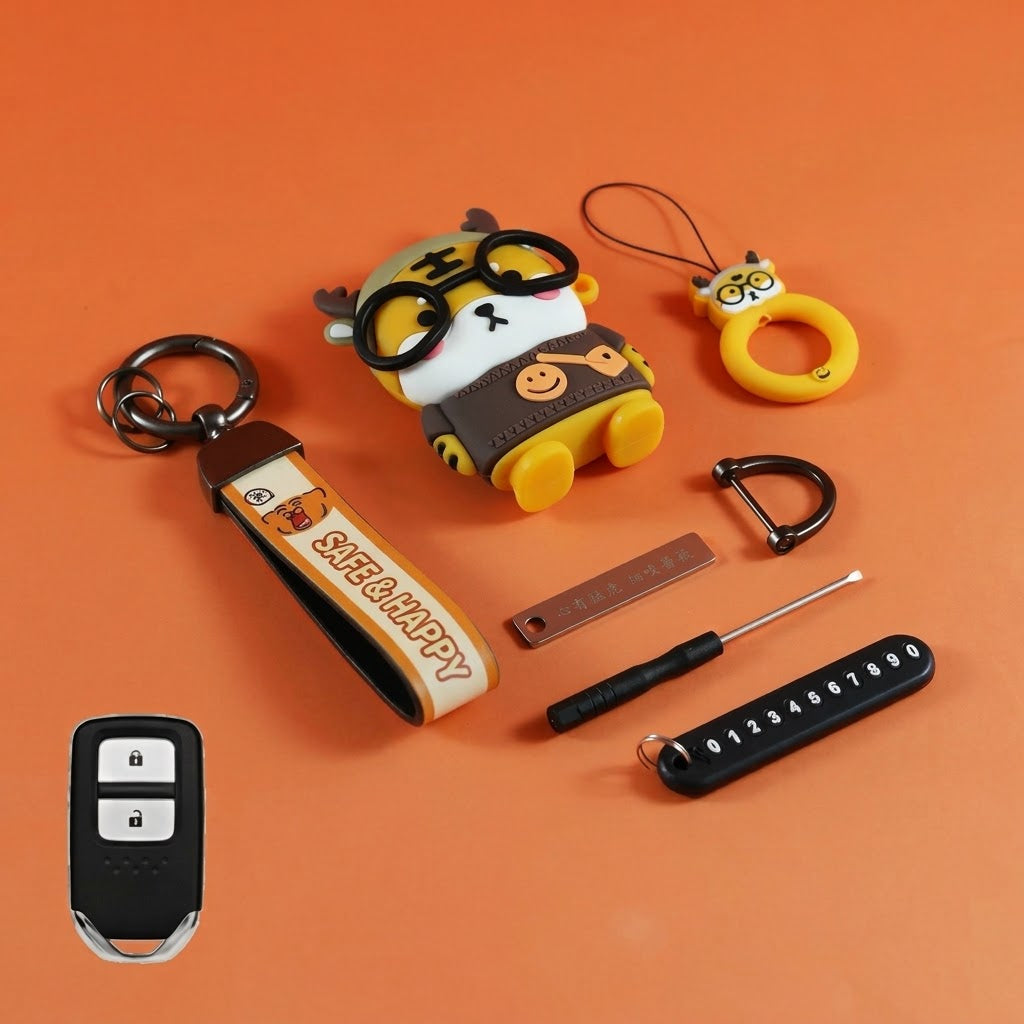 Tiger key fob cover with Safe & Happy wrist strap and matching accessories