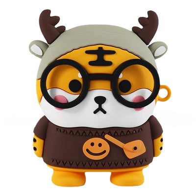 Front view of tiger key fob cover with oversized glasses and antler hat