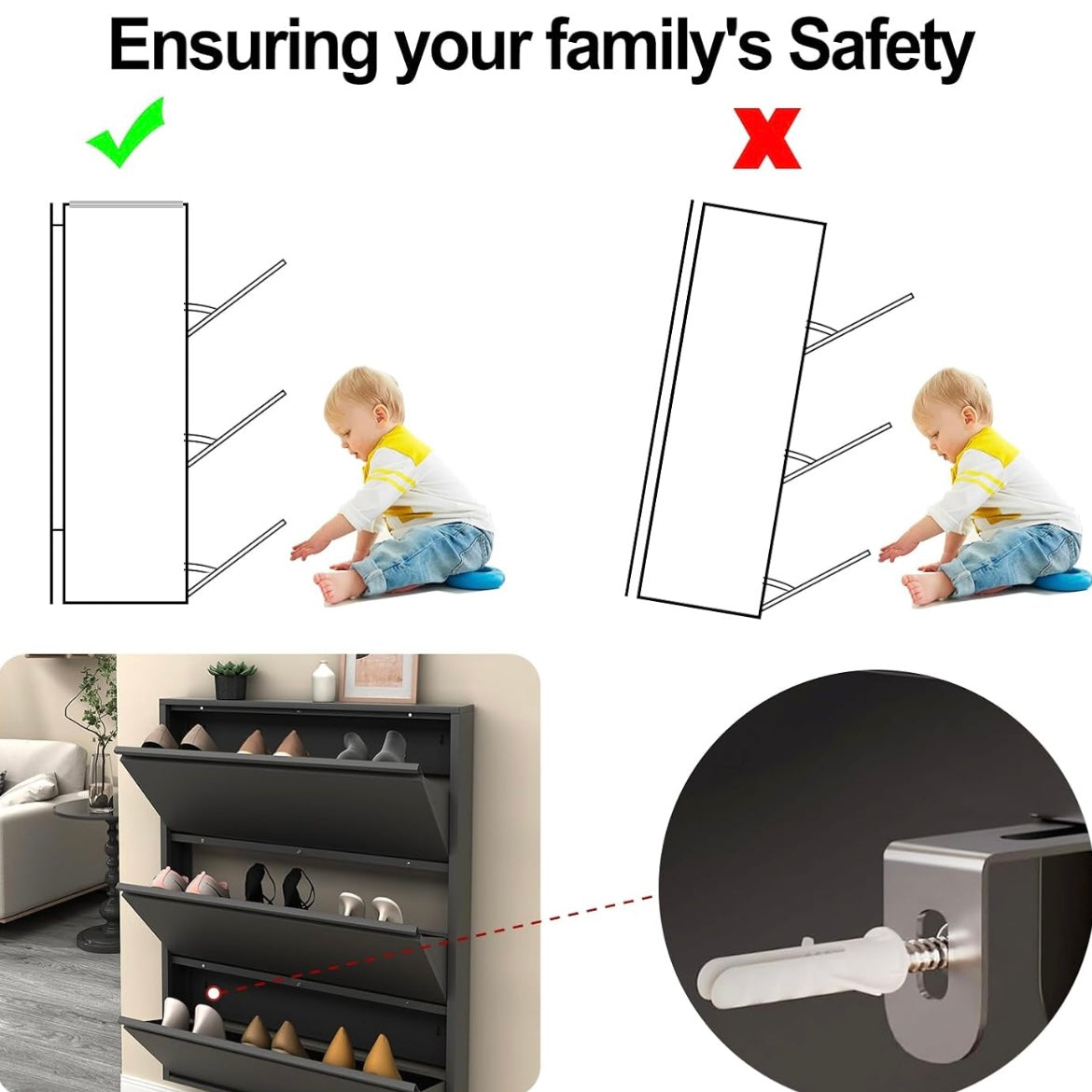 Shoe cabinet wall anchoring diagram comparing an anchored cabinet with a tipping cabinet.