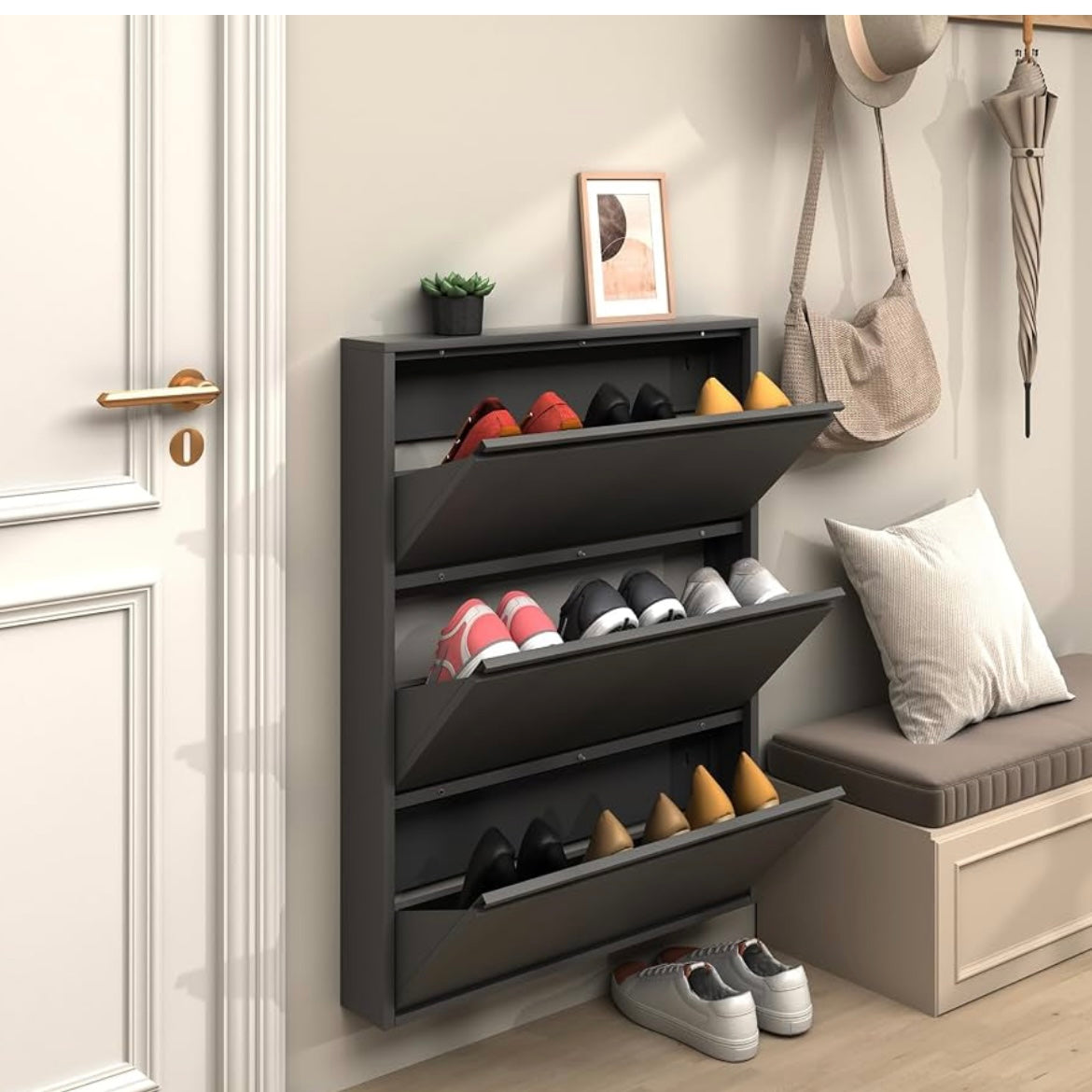 Black shoe storage cabinets with open and closed drawers, displaying sneakers and heels.