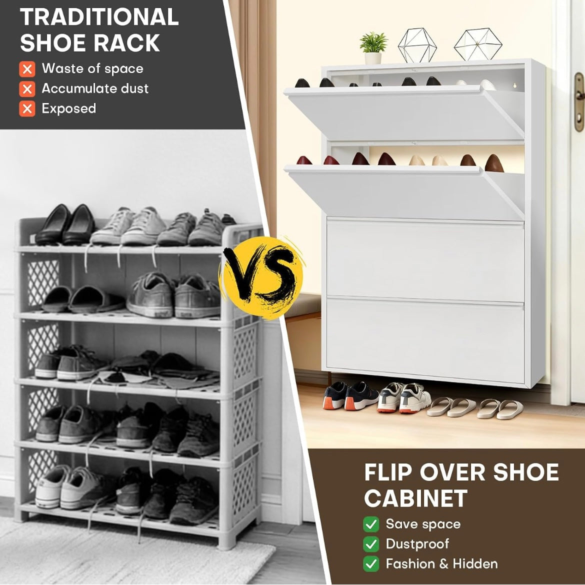Side-by-side comparison of an open shoe rack and a white four-drawer flip-down shoe cabinet.