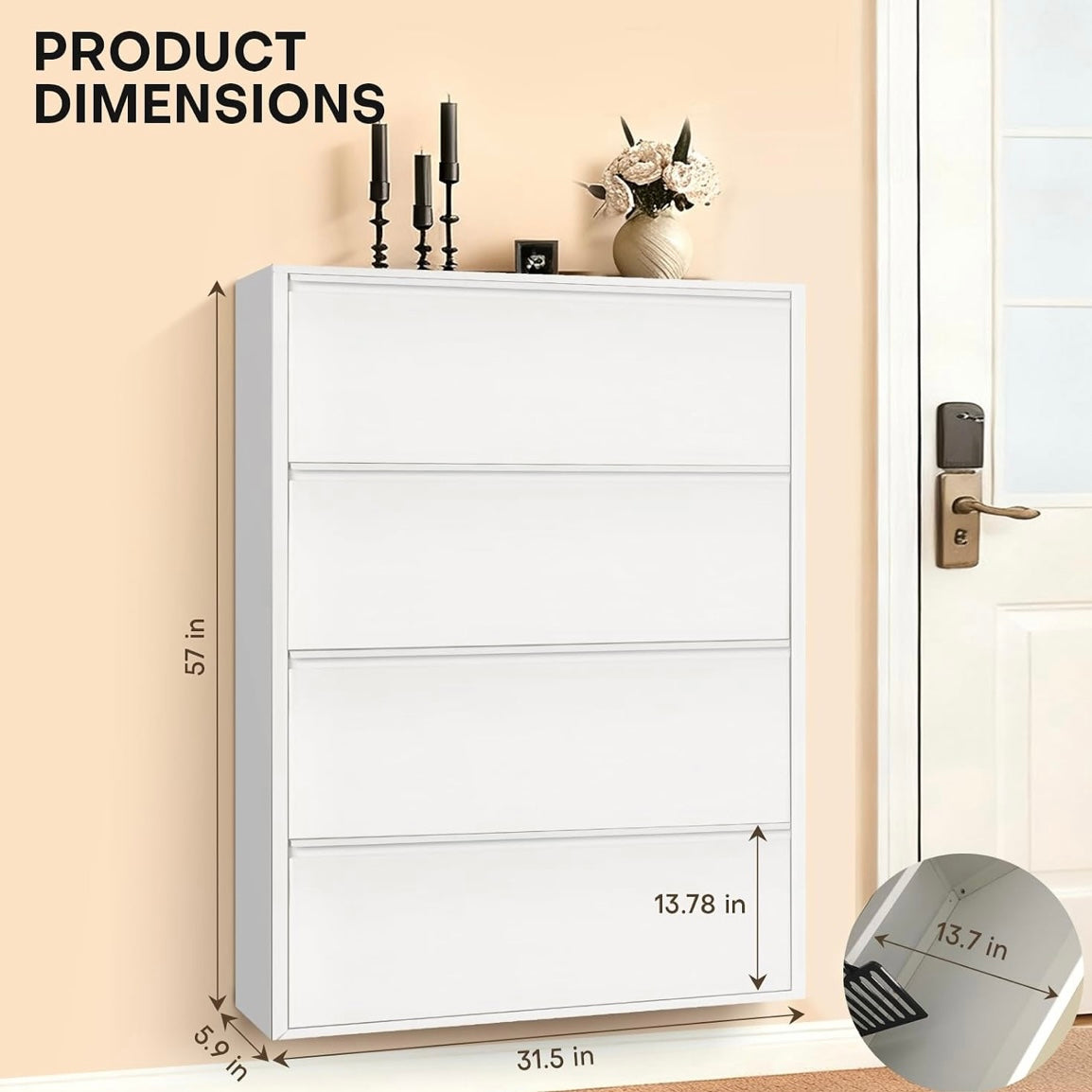White four-drawer shoe cabinet dimensions: 31.5 inches wide, 57 inches tall and 5.9 inches deep.