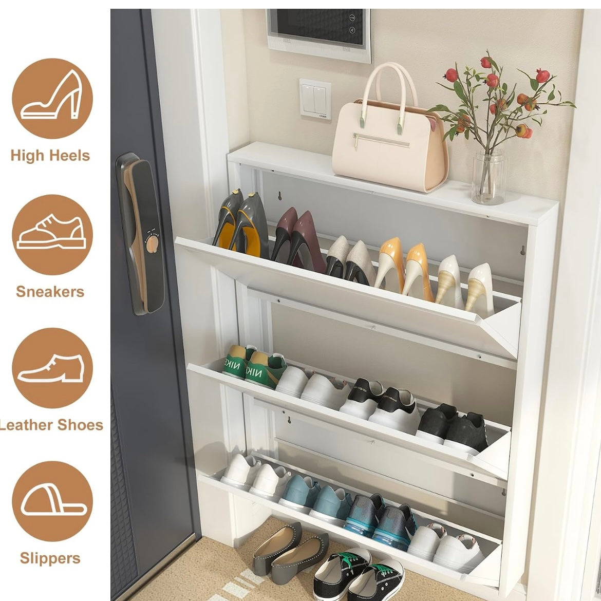 White three-drawer entryway shoe cabinet with open compartments holding heels and sneakers.