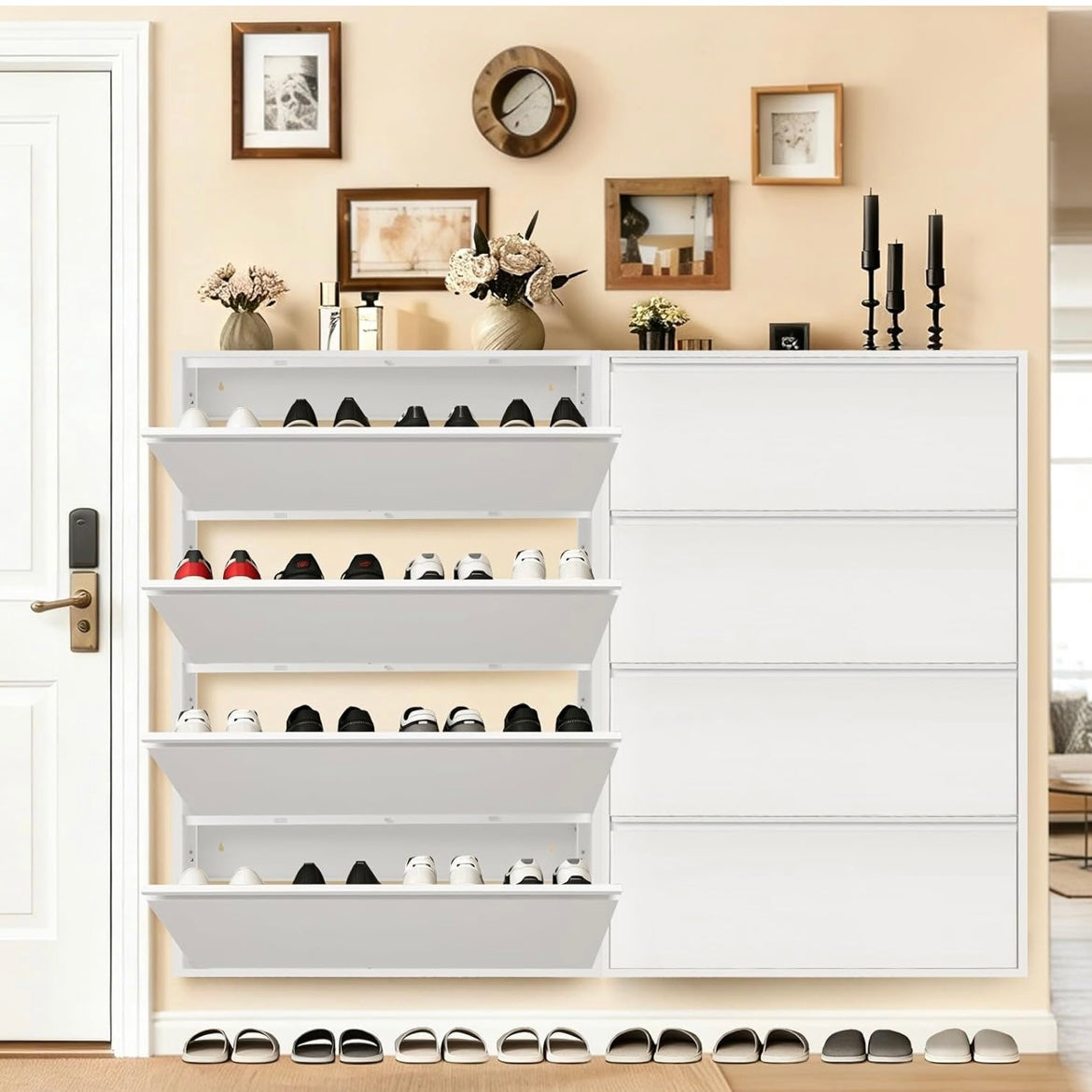 Two white four-drawer shoe cabinets side by side, with one open to display stored shoes.
