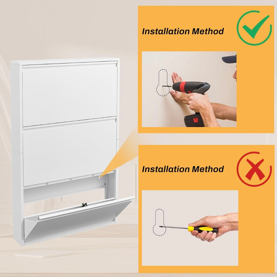 Wall-mount installation graphic for a white three-drawer shoe cabinet