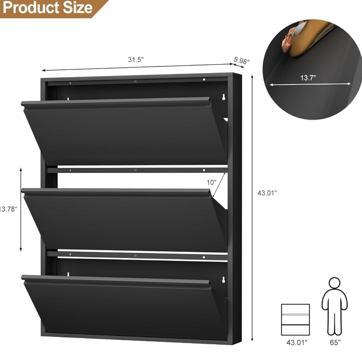Black shoe cabinet dimensions: 31.5 inches wide, 43.01 inches tall and 5.98 inches deep.
