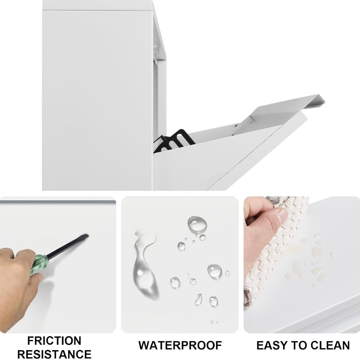 White metal shoe cabinet detail showing a tilt-out drawer and surface cleaning demonstrations.
