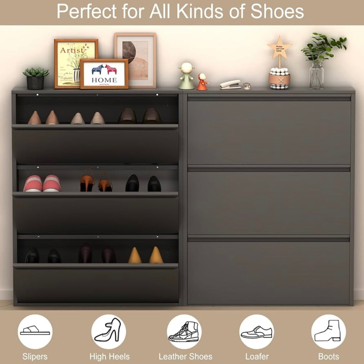 Black shoe storage cabinets with open and closed drawers, displaying sneakers and heels