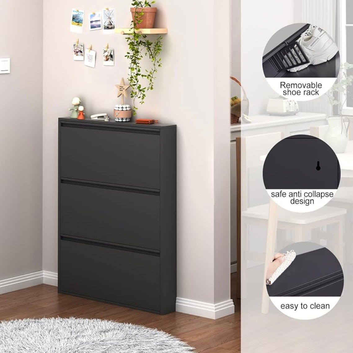 Black three-drawer shoe cabinet showing its removable rack, wall mounting slot and wipe-clean surface.