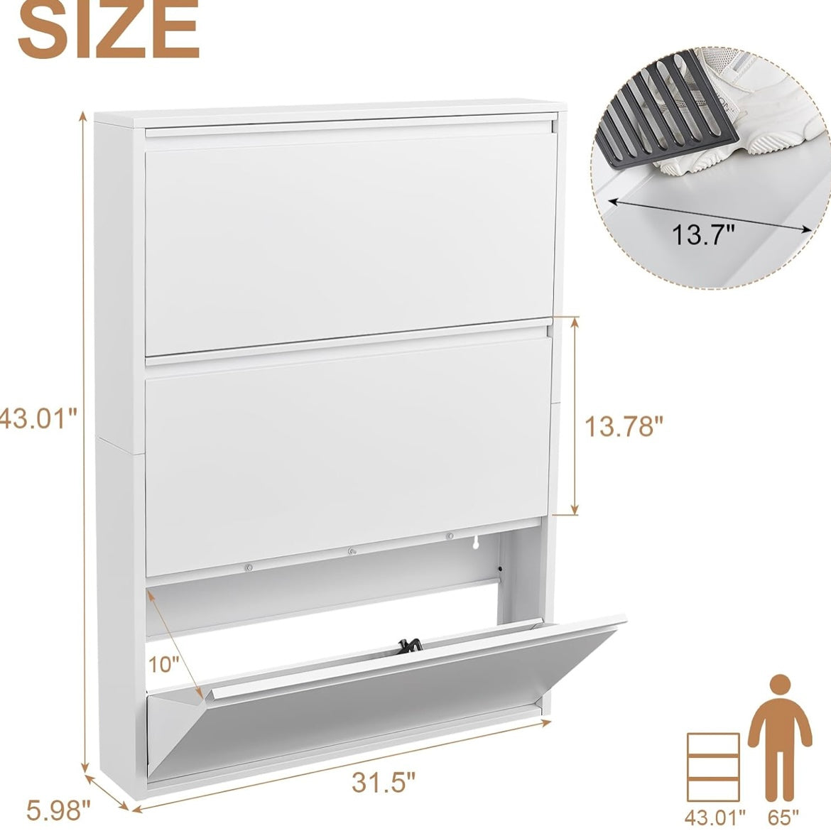 White three-drawer shoe cabinet dimensions: 31.5 inches wide, 43.01 inches tall and 5.98 inches deep.