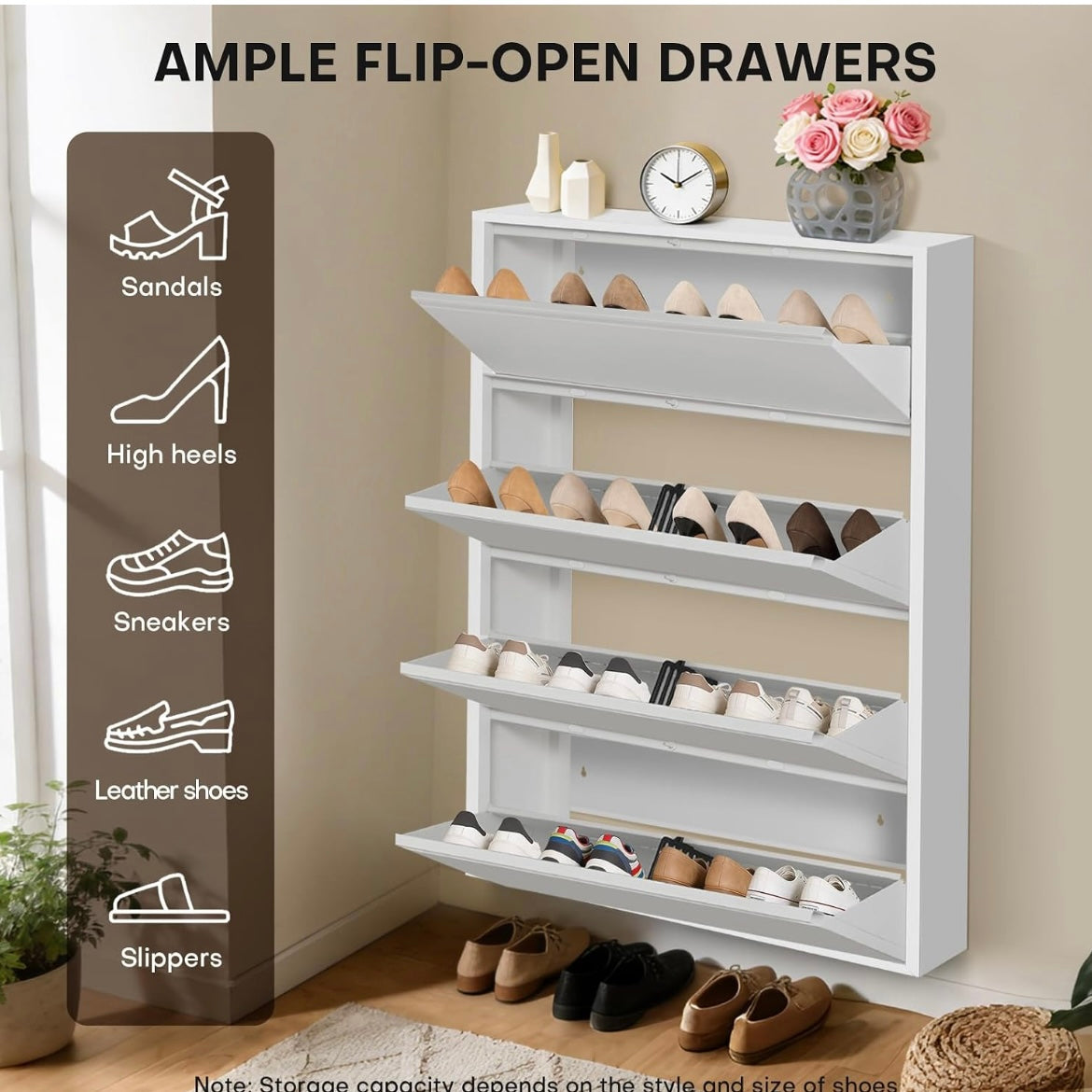 White four-drawer shoe organizer with open compartments holding heels, flats and sneakers.