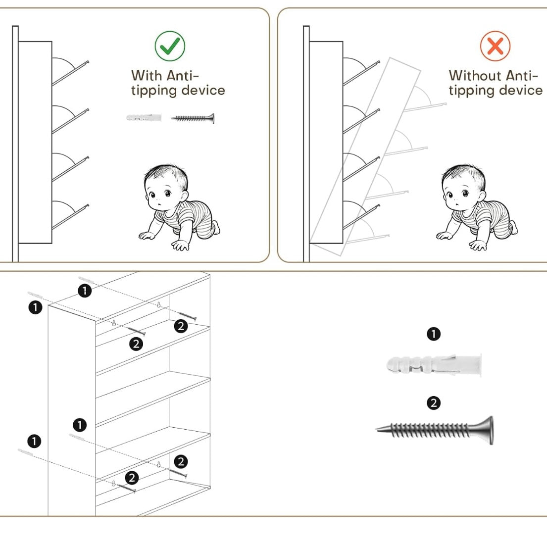 Anti-tip wall mounting diagram showing anchor and screw placement for a shoe storage cabinet.