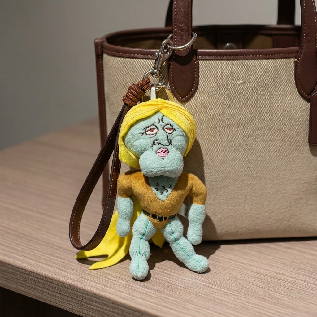 Handsome Squidward plush keychain on tote bag